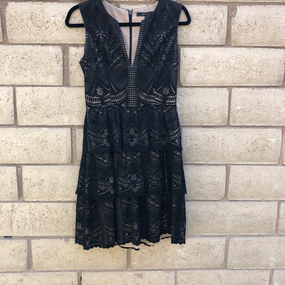 BCBG black cocktail dress, intricate detailing